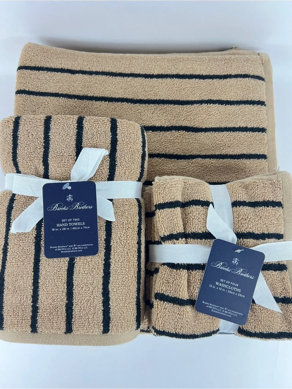 Brooks Brothers Bath Towel Set 8 Pc Beige & Black Stripe Soft 100% Cotton NEW